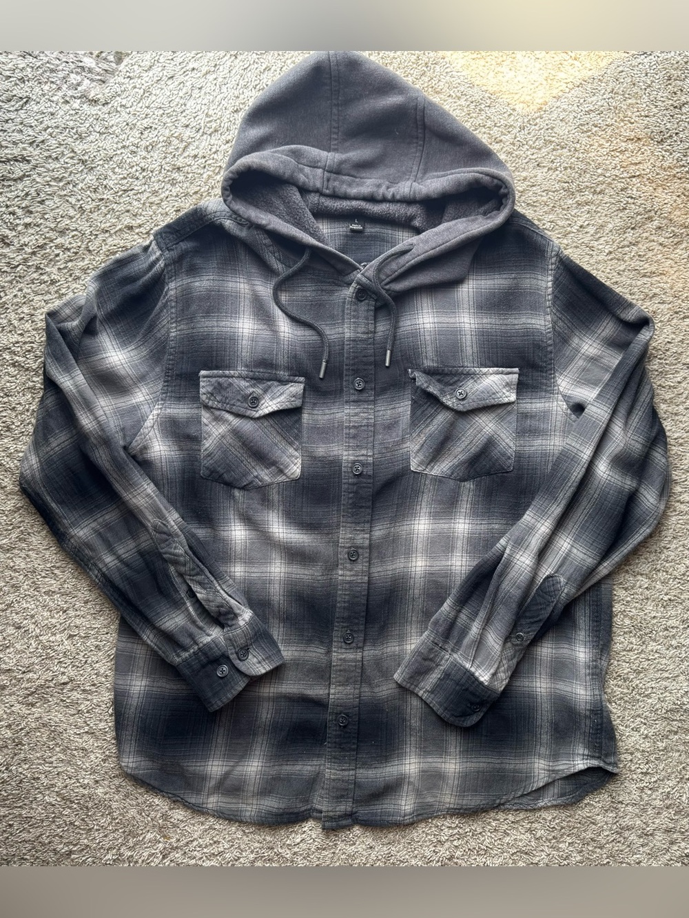 Urban Pipeline Hooded Flannel Shirt Jacket Gray Plaid Button Front Men’s Large